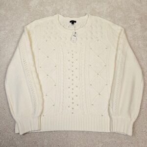 NWTs Talbots Cream Cable Knit Pearl Embellished‎ Sweater L Cottagecore Romantic